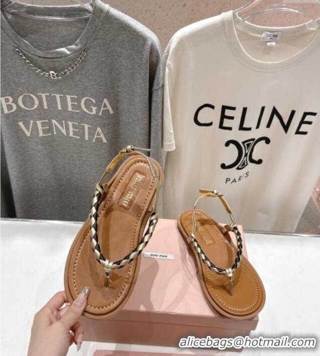 Modern Classic Miu Miu Braided Leather Flat Thong Sandals 042601 Brown/Gold 2025