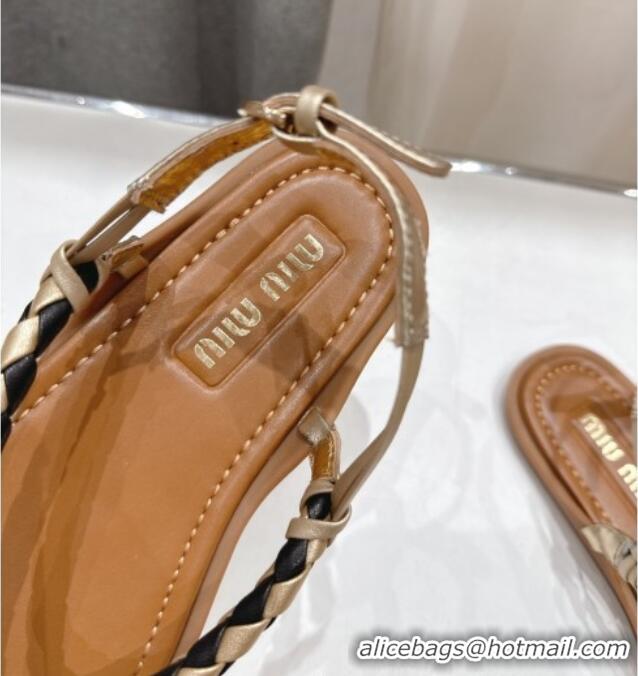 Modern Classic Miu Miu Braided Leather Flat Thong Sandals 042601 Brown/Gold 2025