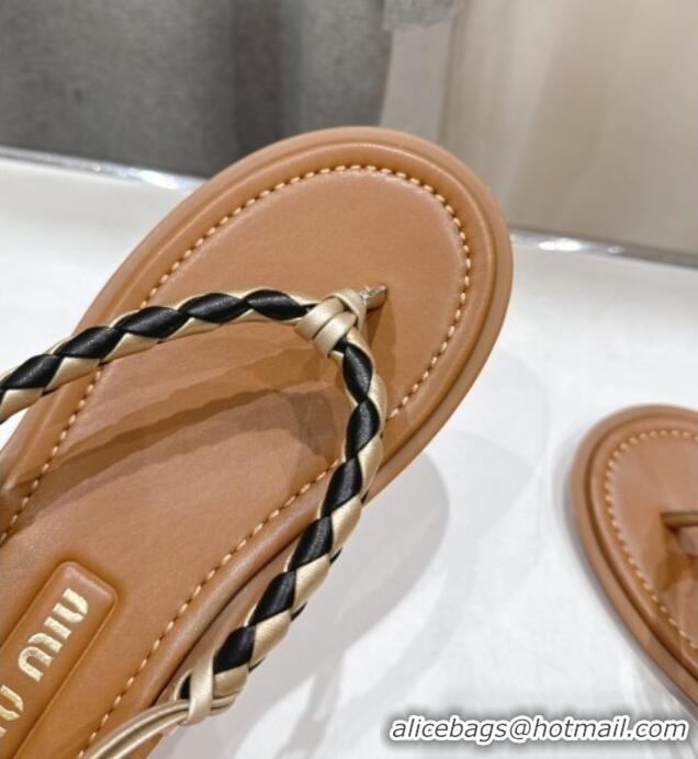 Modern Classic Miu Miu Braided Leather Flat Thong Sandals 042601 Brown/Gold 2025
