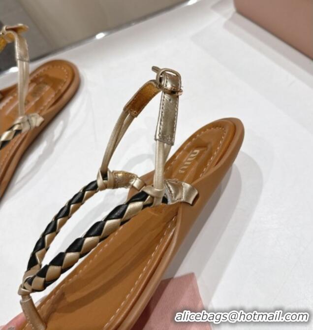 Modern Classic Miu Miu Braided Leather Flat Thong Sandals 042601 Brown/Gold 2025