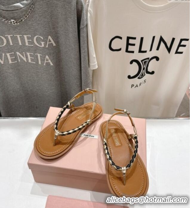 Modern Classic Miu Miu Braided Leather Flat Thong Sandals 042601 Brown/Gold 2025