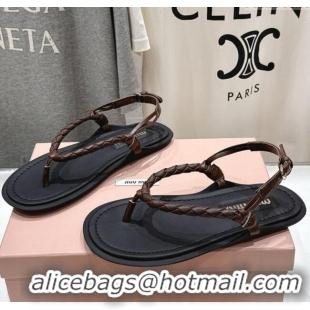 Top Quality Miu Miu Braided Leather Flat Thong Sandals 042601 Black/Brown 2025