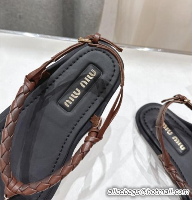 Top Quality Miu Miu Braided Leather Flat Thong Sandals 042601 Black/Brown 2025