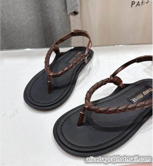 Top Quality Miu Miu Braided Leather Flat Thong Sandals 042601 Black/Brown 2025