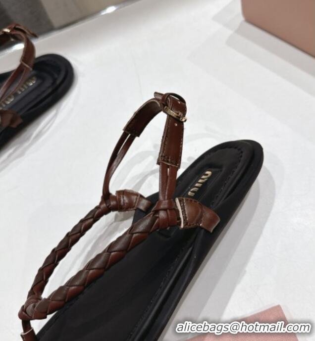 Top Quality Miu Miu Braided Leather Flat Thong Sandals 042601 Black/Brown 2025