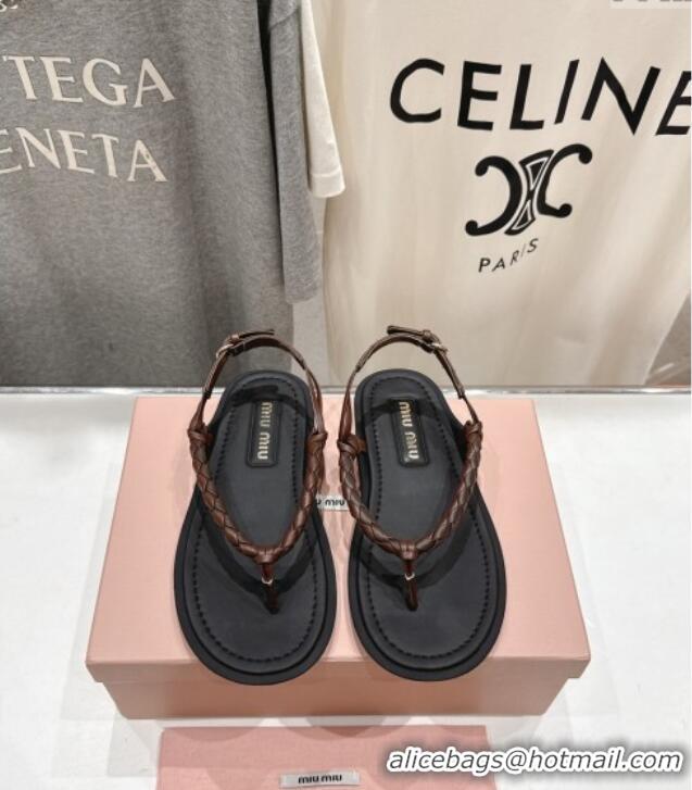 Top Quality Miu Miu Braided Leather Flat Thong Sandals 042601 Black/Brown 2025