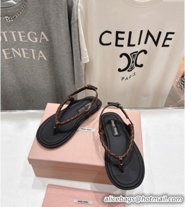 Top Quality Miu Miu Braided Leather Flat Thong Sandals 042601 Black/Brown 2025