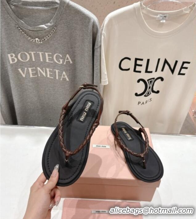 Top Quality Miu Miu Braided Leather Flat Thong Sandals 042601 Black/Brown 2025