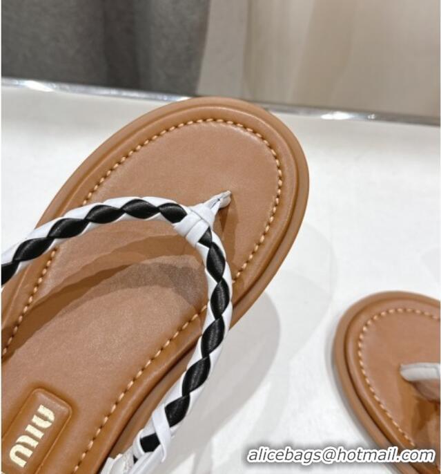 Inexpensive Miu Miu Braided Leather Flat Thong Sandals 042601 Brown/White 2025