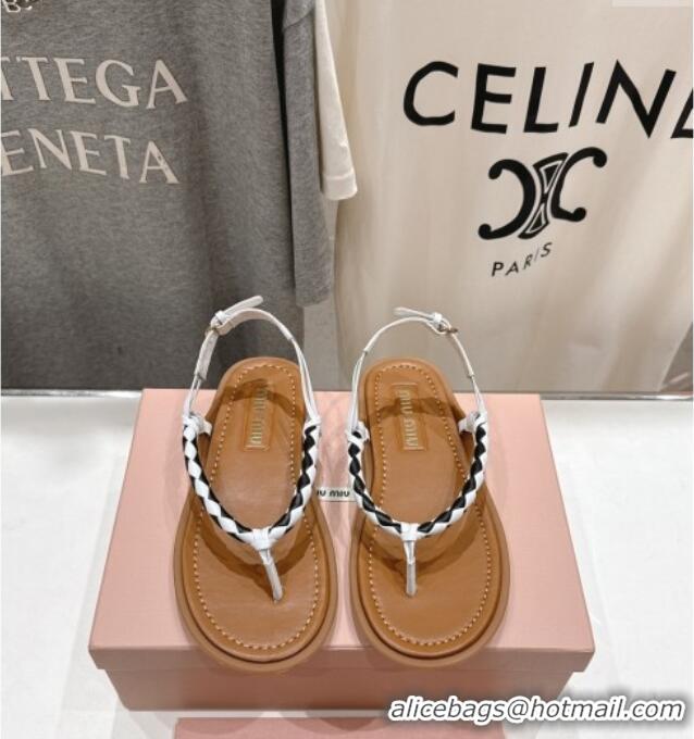 Inexpensive Miu Miu Braided Leather Flat Thong Sandals 042601 Brown/White 2025