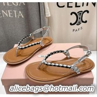 ​Hot Style Miu Miu Braided Leather Flat Thong Sandals 042601 Brown/Silver 2025