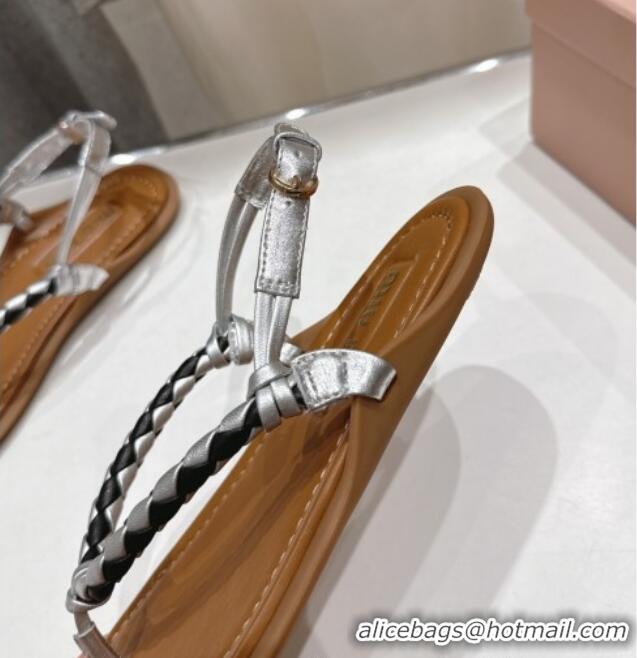 ​Hot Style Miu Miu Braided Leather Flat Thong Sandals 042601 Brown/Silver 2025