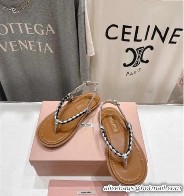 ​Hot Style Miu Miu Braided Leather Flat Thong Sandals 042601 Brown/Silver 2025