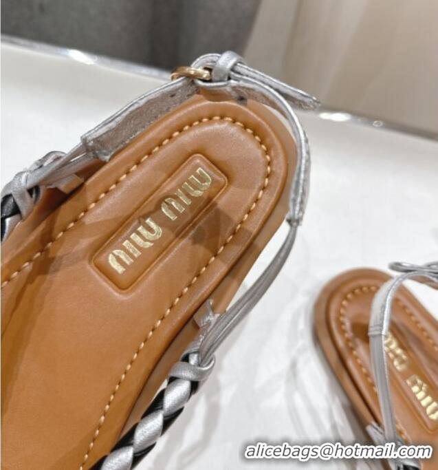 ​Hot Style Miu Miu Braided Leather Flat Thong Sandals 042601 Brown/Silver 2025