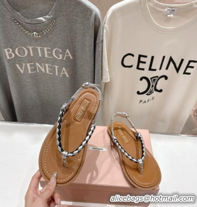 ​Hot Style Miu Miu Braided Leather Flat Thong Sandals 042601 Brown/Silver 2025