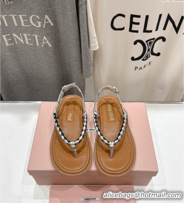 ​Hot Style Miu Miu Braided Leather Flat Thong Sandals 042601 Brown/Silver 2025