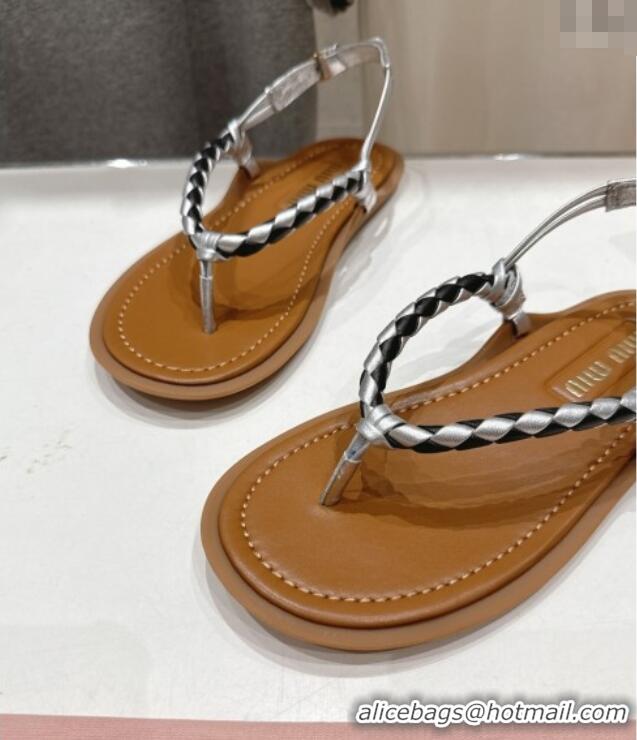​Hot Style Miu Miu Braided Leather Flat Thong Sandals 042601 Brown/Silver 2025