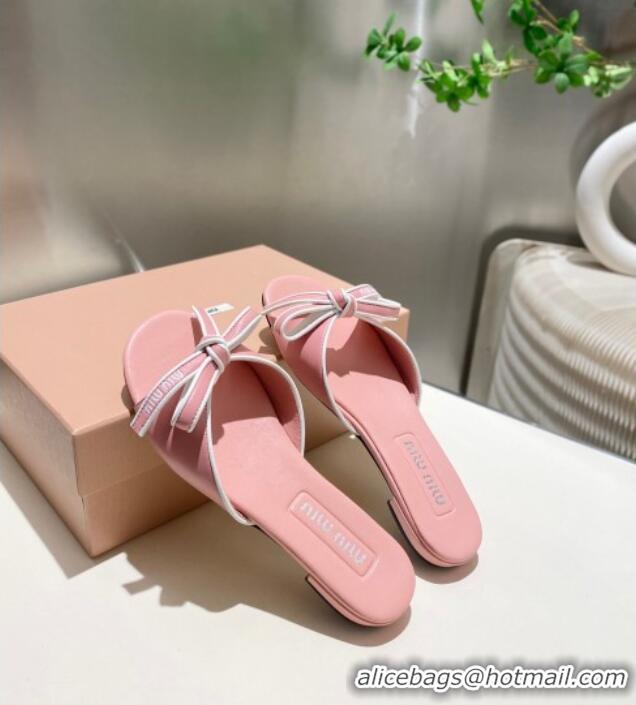 ​Buy Classic Miu Miu Nappa Leather Flat Slides Sandal with Bow 042602 Light Pink 2025