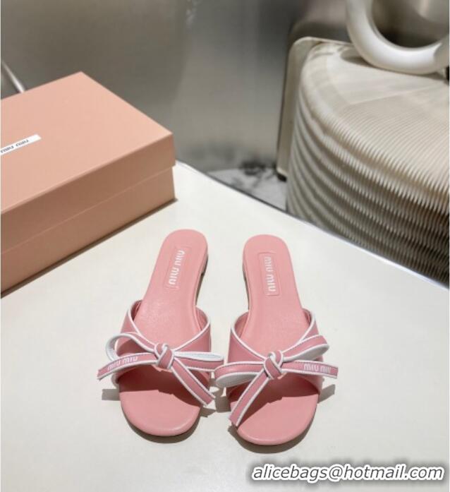 ​Buy Classic Miu Miu Nappa Leather Flat Slides Sandal with Bow 042602 Light Pink 2025