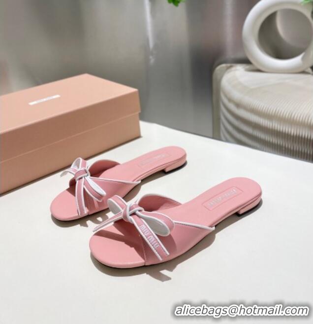 ​Buy Classic Miu Miu Nappa Leather Flat Slides Sandal with Bow 042602 Light Pink 2025