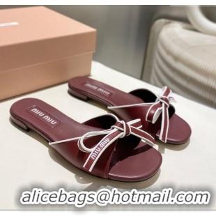 Best Grade Miu Miu Nappa Leather Flat Slides Sandal with Bow 042602 Burgundy 2025