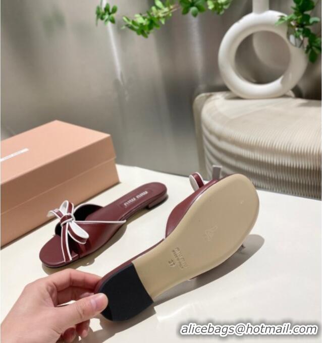 Best Grade Miu Miu Nappa Leather Flat Slides Sandal with Bow 042602 Burgundy 2025