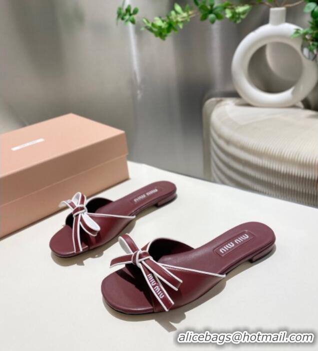 Best Grade Miu Miu Nappa Leather Flat Slides Sandal with Bow 042602 Burgundy 2025