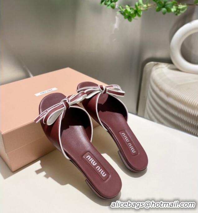 Best Grade Miu Miu Nappa Leather Flat Slides Sandal with Bow 042602 Burgundy 2025