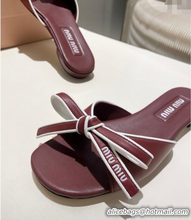 Best Grade Miu Miu Nappa Leather Flat Slides Sandal with Bow 042602 Burgundy 2025
