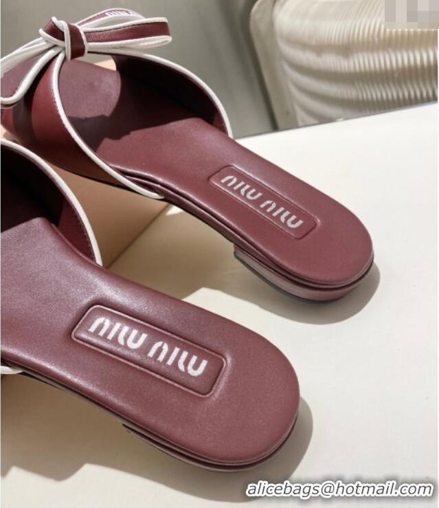 Best Grade Miu Miu Nappa Leather Flat Slides Sandal with Bow 042602 Burgundy 2025