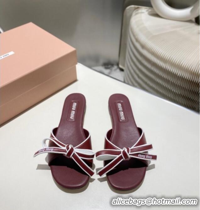 Best Grade Miu Miu Nappa Leather Flat Slides Sandal with Bow 042602 Burgundy 2025