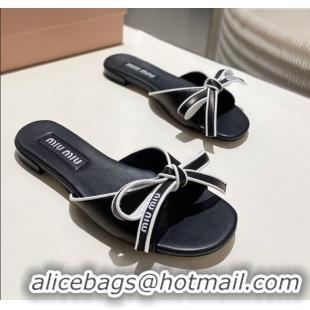 ​Good Looking Miu Miu Nappa Leather Flat Slides Sandal with Bow 042602 Black 2025