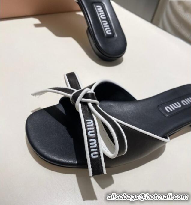 ​Good Looking Miu Miu Nappa Leather Flat Slides Sandal with Bow 042602 Black 2025