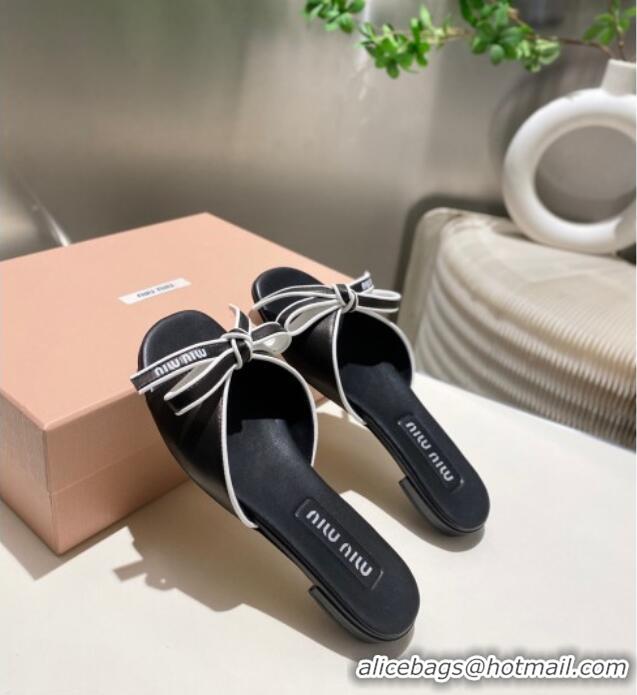 ​Good Looking Miu Miu Nappa Leather Flat Slides Sandal with Bow 042602 Black 2025