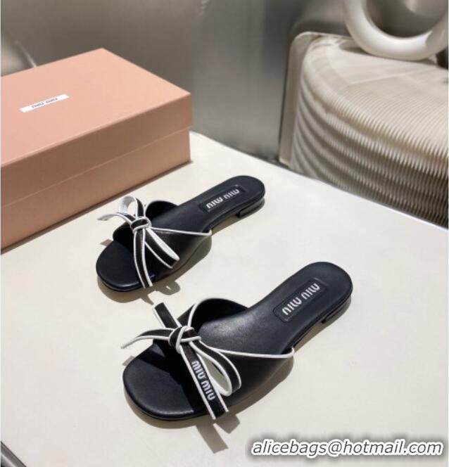 ​Good Looking Miu Miu Nappa Leather Flat Slides Sandal with Bow 042602 Black 2025