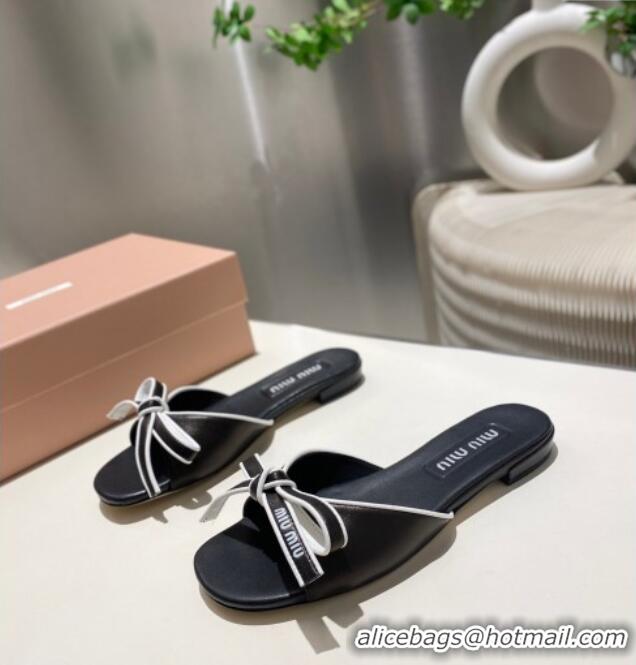 ​Good Looking Miu Miu Nappa Leather Flat Slides Sandal with Bow 042602 Black 2025