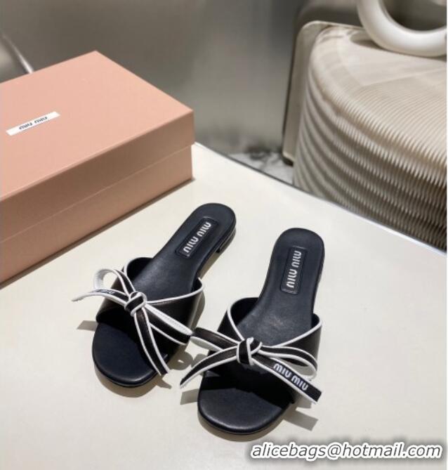 ​Good Looking Miu Miu Nappa Leather Flat Slides Sandal with Bow 042602 Black 2025