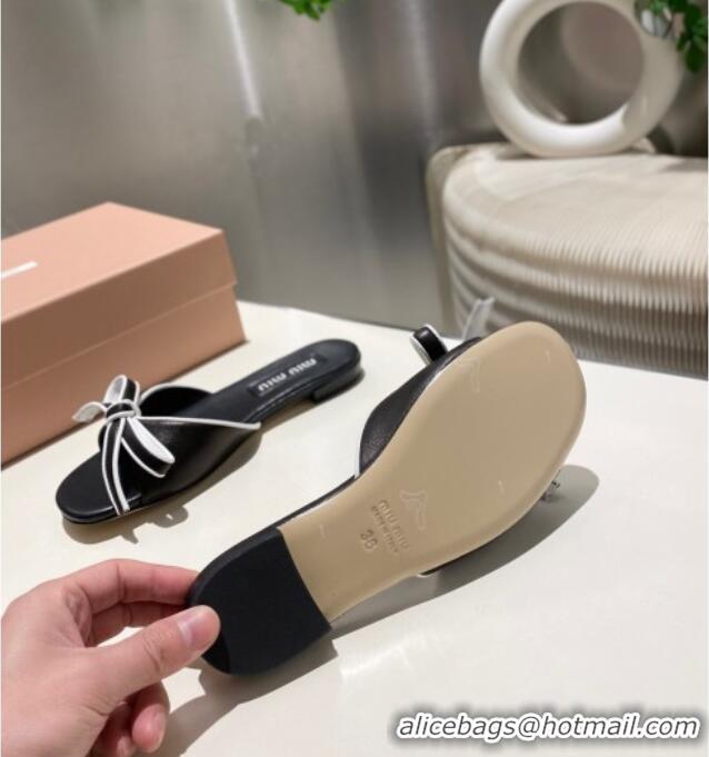 ​Good Looking Miu Miu Nappa Leather Flat Slides Sandal with Bow 042602 Black 2025