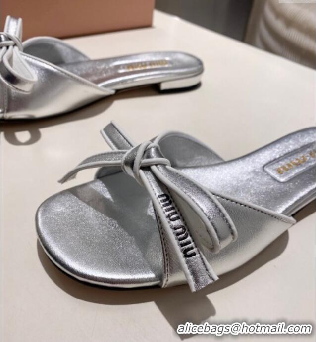 ​New Stylish Miu Miu Nappa Leather Flat Slides Sandal with Bow 042602 Silver 2025