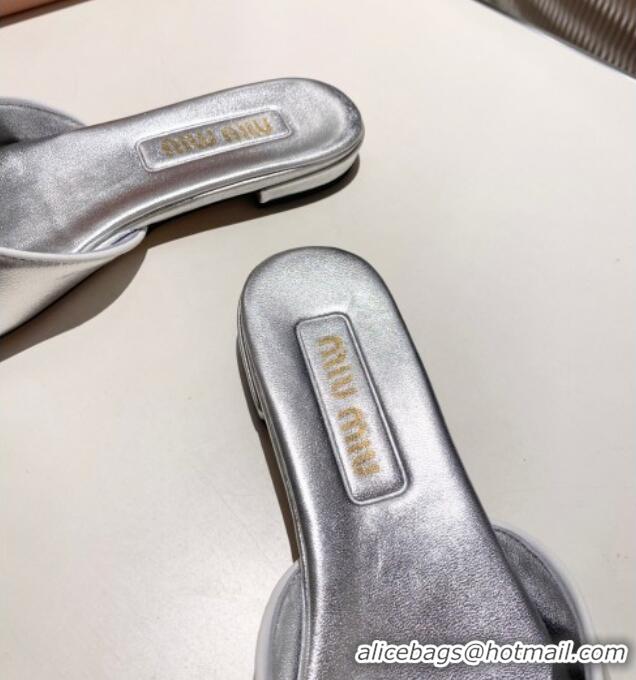 ​New Stylish Miu Miu Nappa Leather Flat Slides Sandal with Bow 042602 Silver 2025