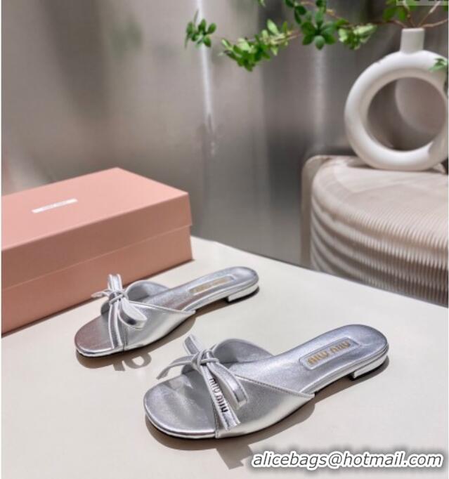 ​New Stylish Miu Miu Nappa Leather Flat Slides Sandal with Bow 042602 Silver 2025
