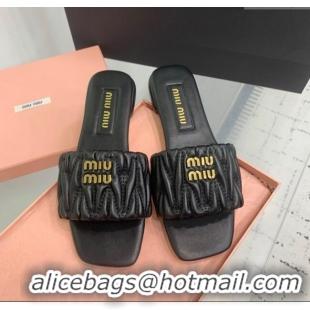 ​Original Cheap Miu Miu Matelasse Nappa Leather Flat Slides Sandal 5XX605 Black 2025