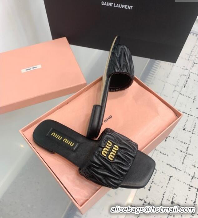 ​Original Cheap Miu Miu Matelasse Nappa Leather Flat Slides Sandal 5XX605 Black 2025