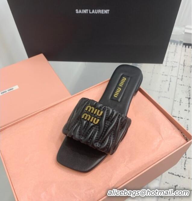 ​Original Cheap Miu Miu Matelasse Nappa Leather Flat Slides Sandal 5XX605 Black 2025