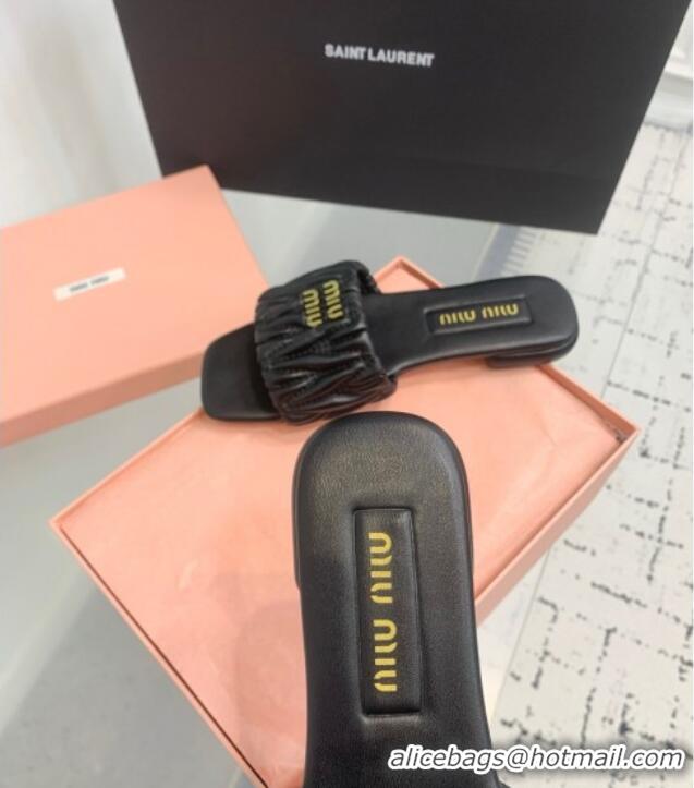 ​Original Cheap Miu Miu Matelasse Nappa Leather Flat Slides Sandal 5XX605 Black 2025