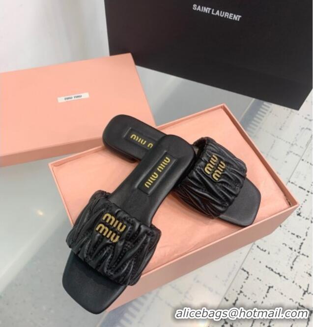 ​Original Cheap Miu Miu Matelasse Nappa Leather Flat Slides Sandal 5XX605 Black 2025