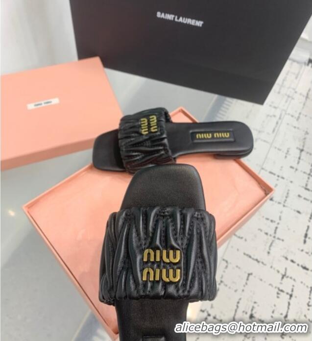 ​Original Cheap Miu Miu Matelasse Nappa Leather Flat Slides Sandal 5XX605 Black 2025