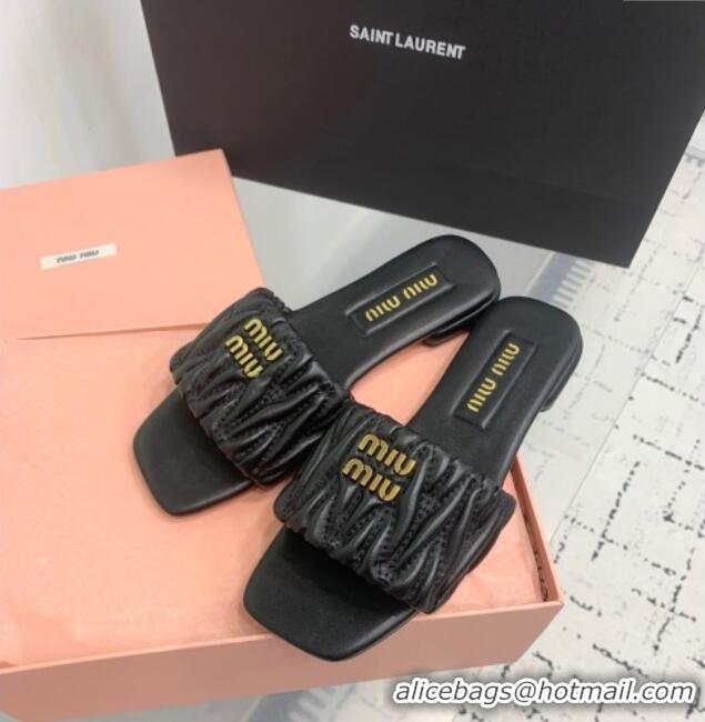 ​Original Cheap Miu Miu Matelasse Nappa Leather Flat Slides Sandal 5XX605 Black 2025