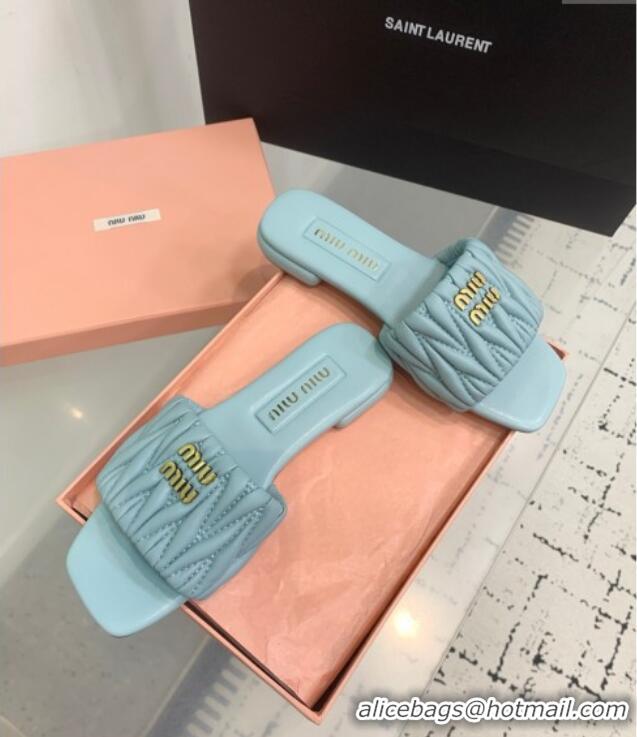 ​Best Quality Miu Miu Matelasse Nappa Leather Flat Slides Sandal 5XX605 Blue 2025