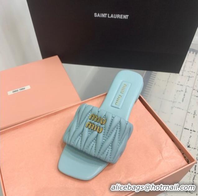 ​Best Quality Miu Miu Matelasse Nappa Leather Flat Slides Sandal 5XX605 Blue 2025